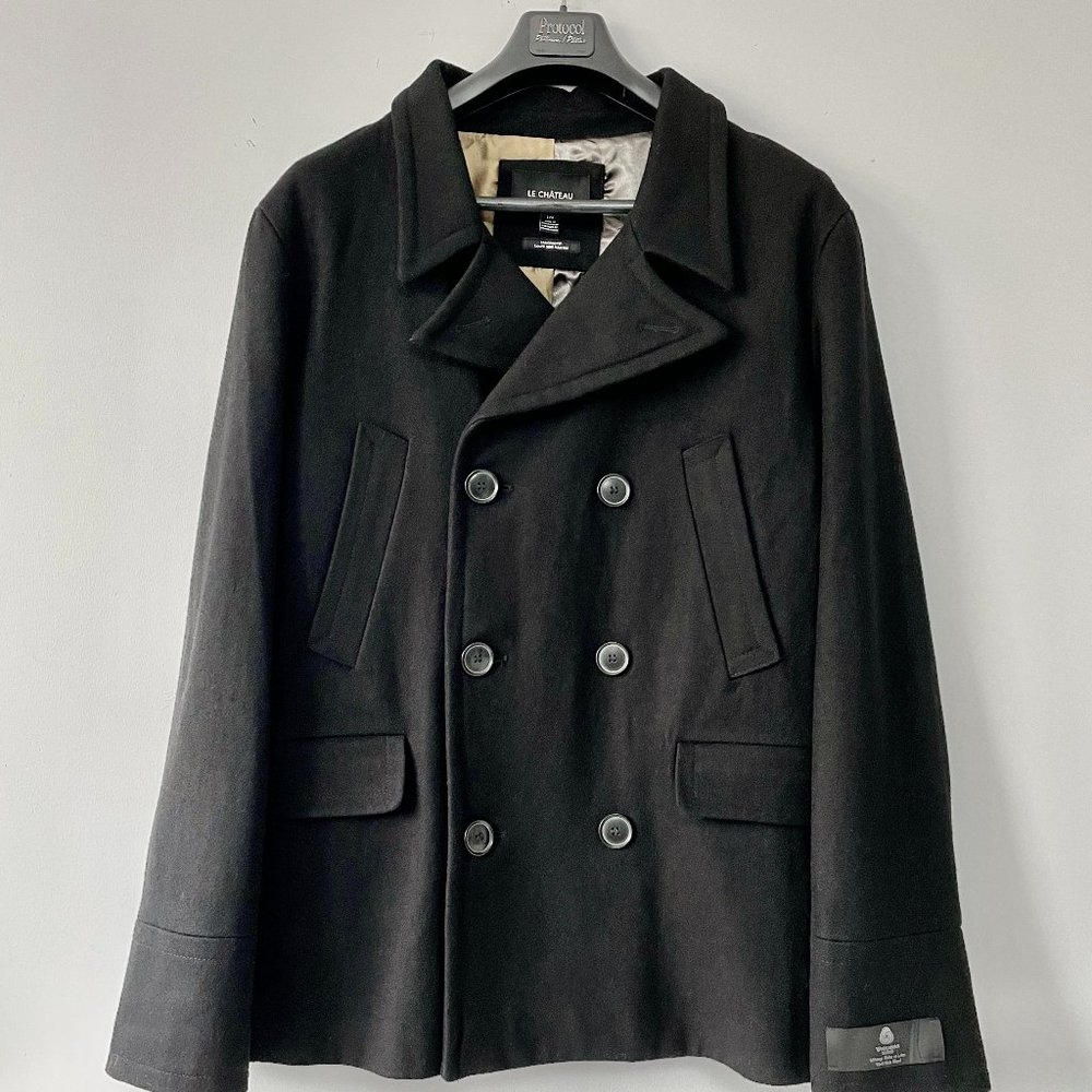 NWT Men's Large Black Wool "Pea" Coat - LeChateau